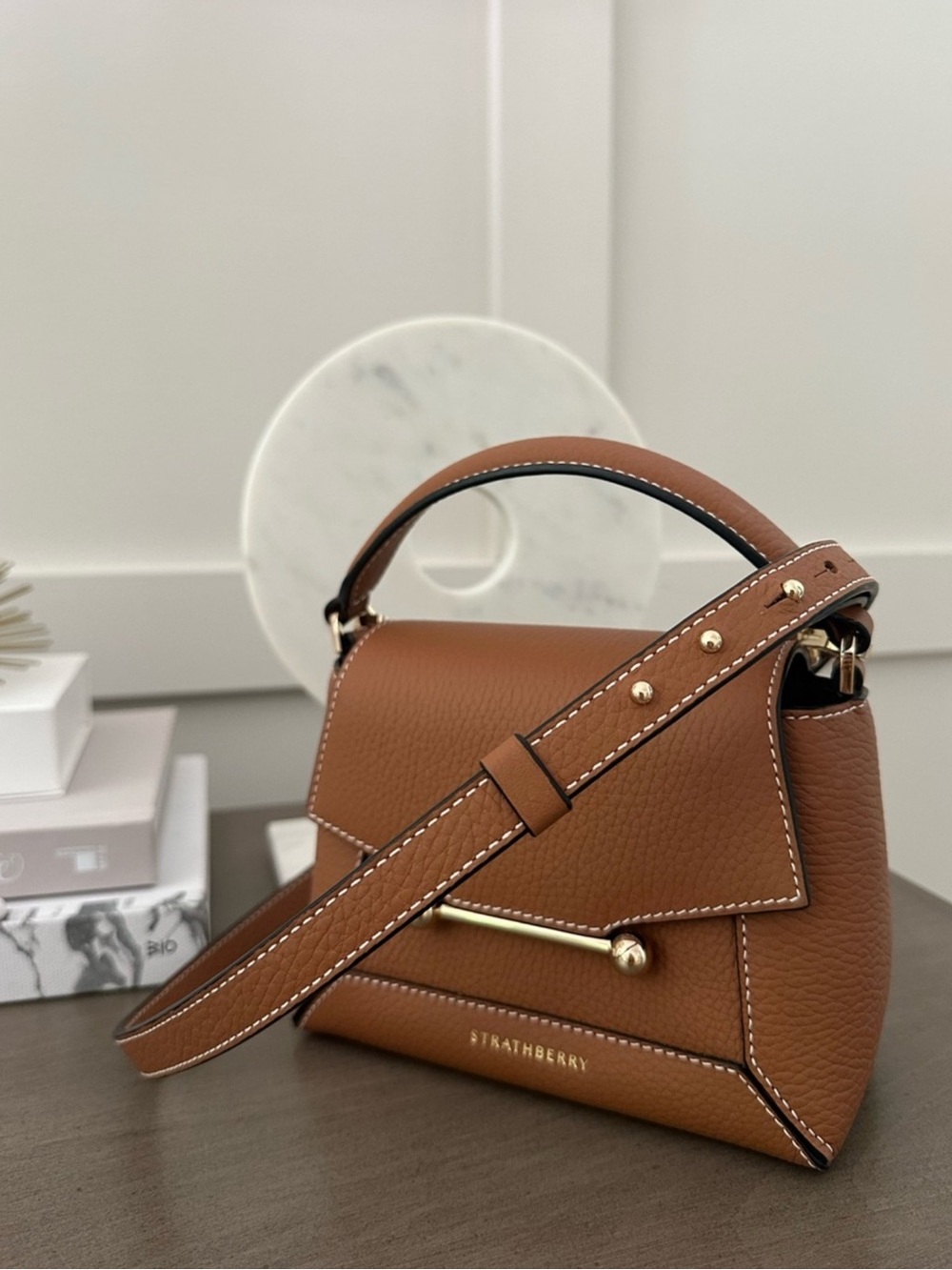 Strathberry Tan Nano Mosaic Leather Top-Handle Bag - Picture 2 of 10